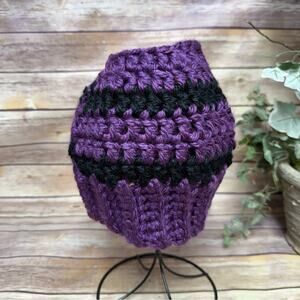 Elegant Purple and Black Crochet Messy Bun Hat